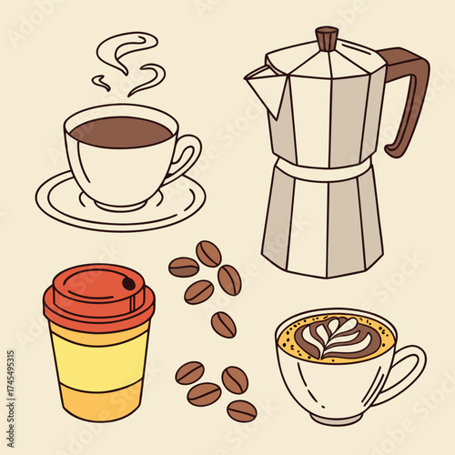 Vector illustration of a coffee set with a cup of coffee, beans, moka po, latte art, and a takeaway cup for cafe and beverage design