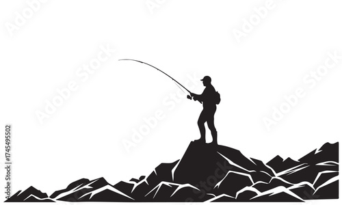 Silhouette of a Fisherman Casting from a Rocky Landscape