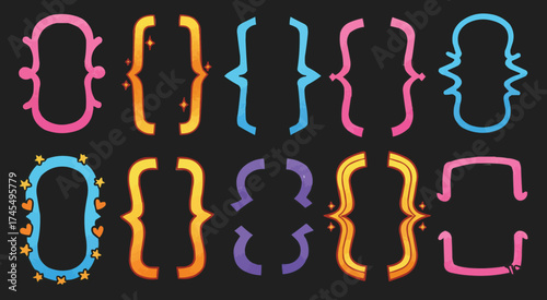 Ornamental Curly Brackets and Frames: A vibrant collection of elegant curly brackets and decorative frames, each meticulously crafted with unique designs and playful colors.