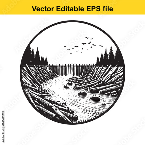 Vector art of river with log dam and birds flying