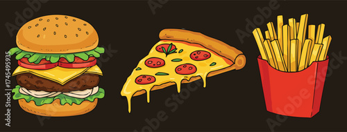 Delicious Trio: Savor the mouthwatering appeal of classic fast food: a juicy burger, a cheesy pizza slice, and crispy french fries, all set against a dark backdrop