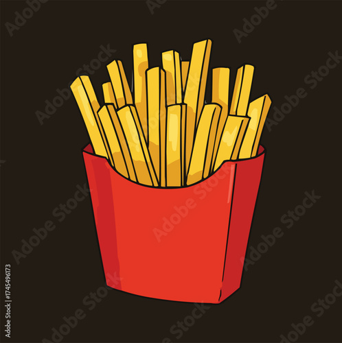 Golden Crispy: A tempting illustration of a classic french fry container overflows with a perfect pile of golden french fries, a delicious snack.