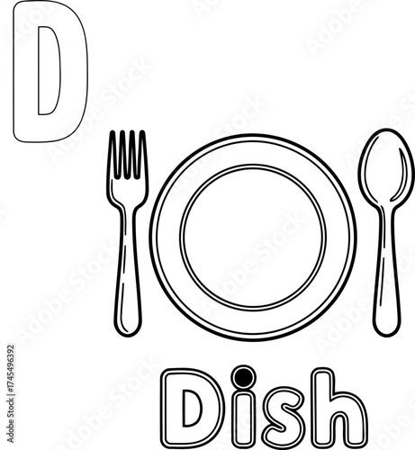 A vector illustration vector art of letter d for dish with fork, plate, and spoon