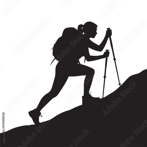 Woman hiker with backpack and poles climbing a steep hill silhouette
