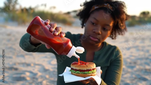 Overhead swirl of pouring ketchup on crispy fries adds appetizing texture Video 4K UHD 60fps