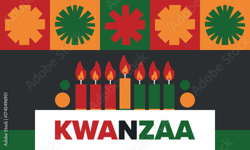 Kwanzaa Happy Celebration. African and African-American culture holiday. Seven days festival, celebrate annual from December 26 to January 1. Black history. Poster, card, banner and background. Vector