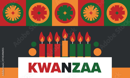 Kwanzaa Happy Celebration. African and African-American culture holiday. Seven days festival, celebrate annual from December 26 to January 1. Black history. Poster, card, banner and background. Vector