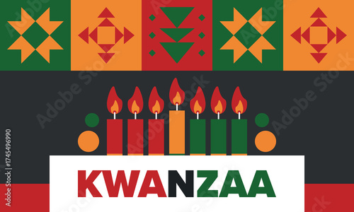 Kwanzaa Happy Celebration. African and African-American culture holiday. Seven days festival, celebrate annual from December 26 to January 1. Black history. Poster, card, banner and background. Vector