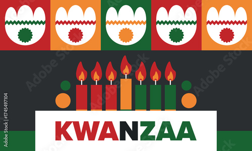 Kwanzaa Happy Celebration. African and African-American culture holiday. Seven days festival, celebrate annual from December 26 to January 1. Black history. Poster, card, banner and background. Vector