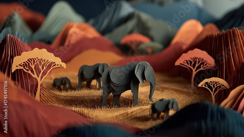 Papercraft African landscape with elephants grazing in a layered, textured, and colorful diorama