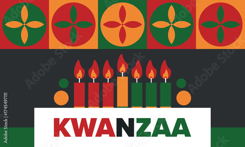 Kwanzaa Happy Celebration. African and African-American culture holiday. Seven days festival, celebrate annual from December 26 to January 1. Black history. Poster, card, banner and background. Vector