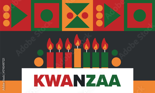 Kwanzaa Happy Celebration. African and African-American culture holiday. Seven days festival, celebrate annual from December 26 to January 1. Black history. Poster, card, banner and background. Vector