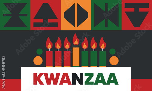 Kwanzaa Happy Celebration. African and African-American culture holiday. Seven days festival, celebrate annual from December 26 to January 1. Black history. Poster, card, banner and background. Vector