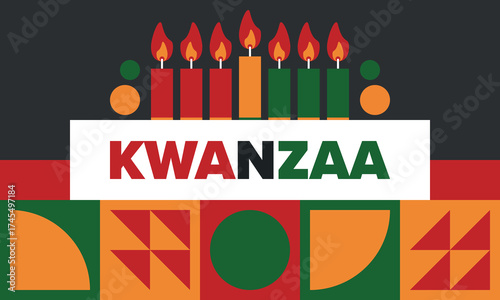 Kwanzaa Happy Celebration. African and African-American culture holiday. Seven days festival, celebrate annual from December 26 to January 1. Black history. Poster, card, banner and background. Vector