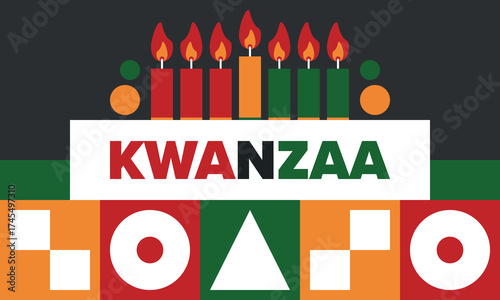 Kwanzaa Happy Celebration. African and African-American culture holiday. Seven days festival, celebrate annual from December 26 to January 1. Black history. Poster, card, banner and background. Vector