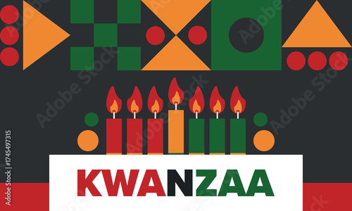 Kwanzaa Happy Celebration. African and African-American culture holiday. Seven days festival, celebrate annual from December 26 to January 1. Black history. Poster, card, banner and background. Vector