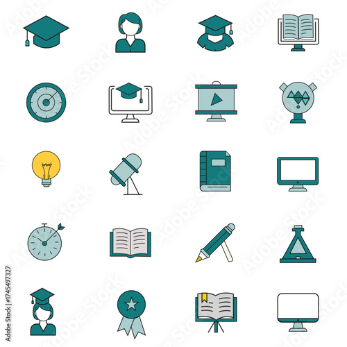 Collection of flat design icons representing education learning and knowledge acquisition