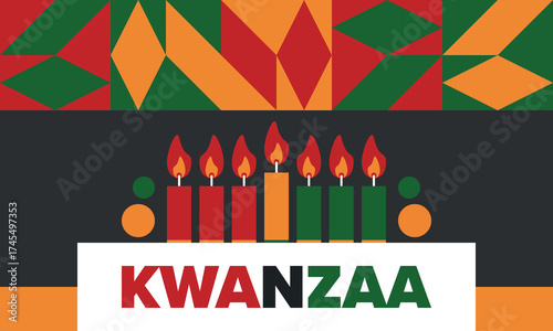 Kwanzaa Happy Celebration. African and African-American culture holiday. Seven days festival, celebrate annual from December 26 to January 1. Black history. Poster, card, banner and background. Vector