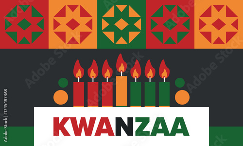 Kwanzaa Happy Celebration. African and African-American culture holiday. Seven days festival, celebrate annual from December 26 to January 1. Black history. Poster, card, banner and background. Vector
