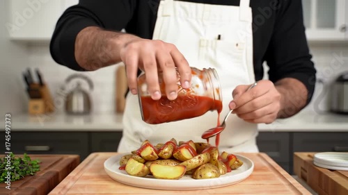 Dark backdrop macro of pouring ketchup jet for bold food commercial Video 4K UHD 60fps