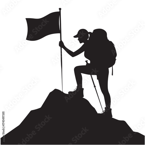 Silhouette of a hiker planting a flag on a mountain peak achievement silhouette