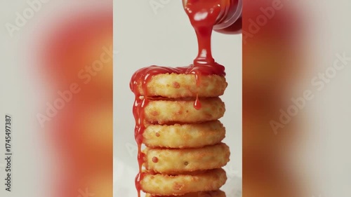 Ketchup ribbon circles plate edge then settles into smooth ring Video 4K UHD 60fps