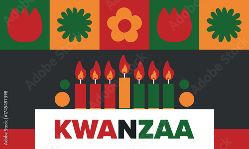 Kwanzaa Happy Celebration. African and African-American culture holiday. Seven days festival, celebrate annual from December 26 to January 1. Black history. Poster, card, banner and background. Vector