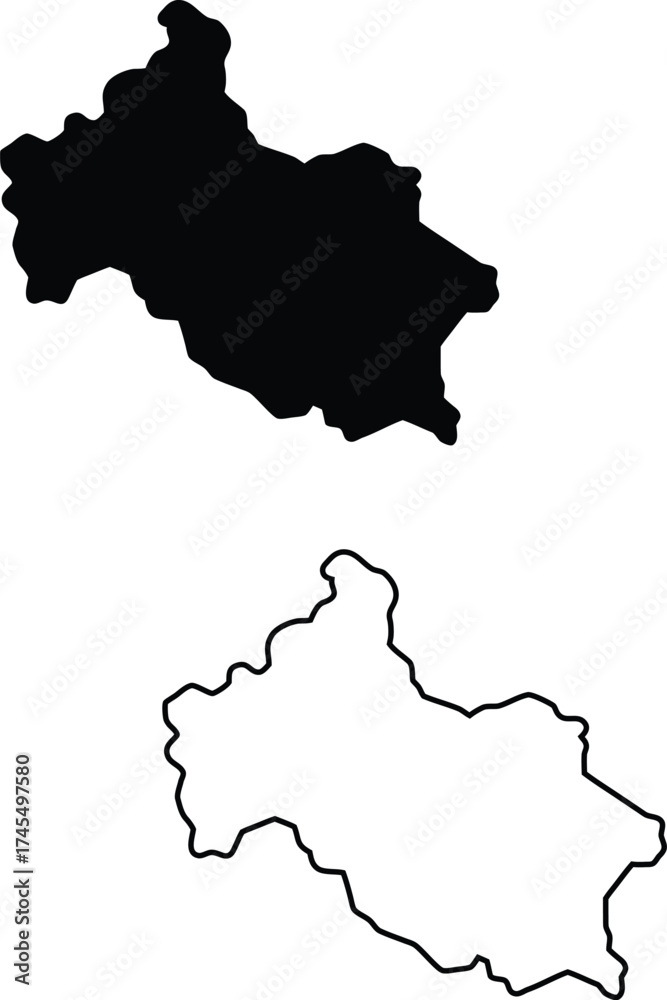 Obraz premium Distinct black map silhouette and a corresponding outline illustrate an unidentified landmass on white