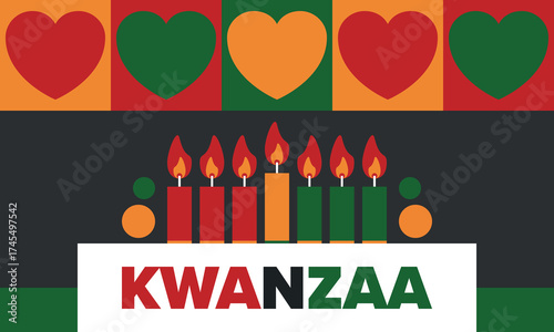 Kwanzaa Happy Celebration. African and African-American culture holiday. Seven days festival, celebrate annual from December 26 to January 1. Black history. Poster, card, banner and background. Vector