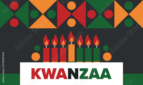 Kwanzaa Happy Celebration. African and African-American culture holiday. Seven days festival, celebrate annual from December 26 to January 1. Black history. Poster, card, banner and background. Vector