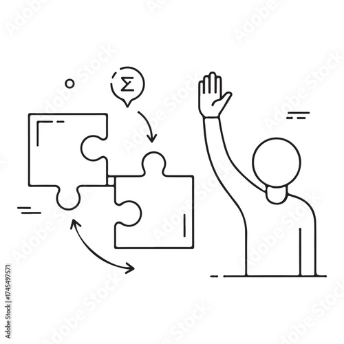 Illustration of a person raising hand next to puzzle pieces connecting, symbolizing teamwork and problemsolving