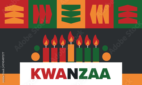 Kwanzaa Happy Celebration. African and African-American culture holiday. Seven days festival, celebrate annual from December 26 to January 1. Black history. Poster, card, banner and background. Vector