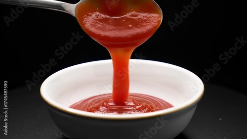 Close ribbon on fries cone with pouring ketchup for street food promo Video 4K UHD 60fps