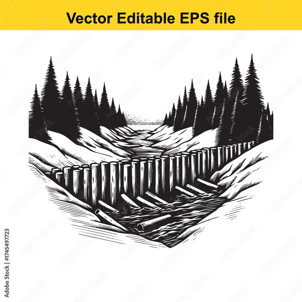 Obraz premium Vector art of a winter river flows through a forest with a wooden dam