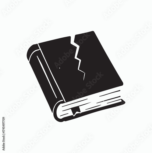 Cracked Book Symbolizing Knowledge Loss: A stark black and white depiction of a cracked book conveys themes of damaged knowledge, loss of information, and the fragility of ideas.
