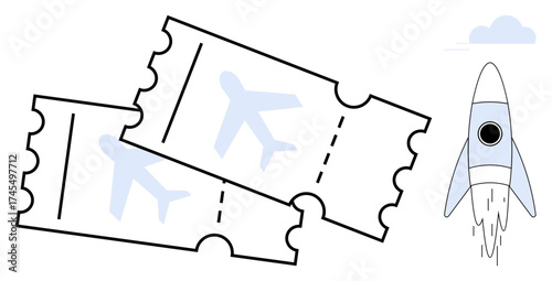 Two airline tickets featuring an airplane icon alongside a launching rocket symbol. Ideal for travel planning, transportation, exploration, futuristic themes, holiday bookings, space travel