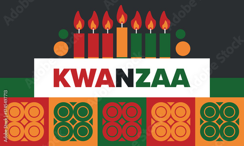 Kwanzaa Happy Celebration. African and African-American culture holiday. Seven days festival, celebrate annual from December 26 to January 1. Black history. Poster, card, banner and background. Vector