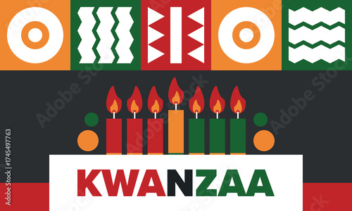 Kwanzaa Happy Celebration. African and African-American culture holiday. Seven days festival, celebrate annual from December 26 to January 1. Black history. Poster, card, banner and background. Vector