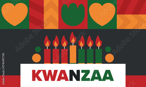 Kwanzaa Happy Celebration. African and African-American culture holiday. Seven days festival, celebrate annual from December 26 to January 1. Black history. Poster, card, banner and background. Vector