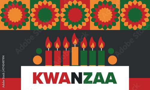 Kwanzaa Happy Celebration. African and African-American culture holiday. Seven days festival, celebrate annual from December 26 to January 1. Black history. Poster, card, banner and background. Vector