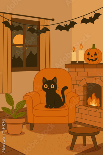 Halloween illustration of black cat sitting on chair by fireplace in cozy living room