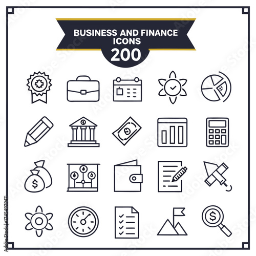 Vector collection of business and finance line icons including banking money wallet chart office and corporate design elements