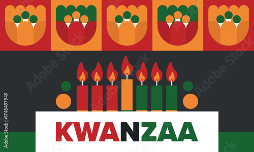 Kwanzaa Happy Celebration. African and African-American culture holiday. Seven days festival, celebrate annual from December 26 to January 1. Black history. Poster, card, banner and background. Vector