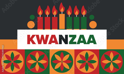 Kwanzaa Happy Celebration. African and African-American culture holiday. Seven days festival, celebrate annual from December 26 to January 1. Black history. Poster, card, banner and background. Vector