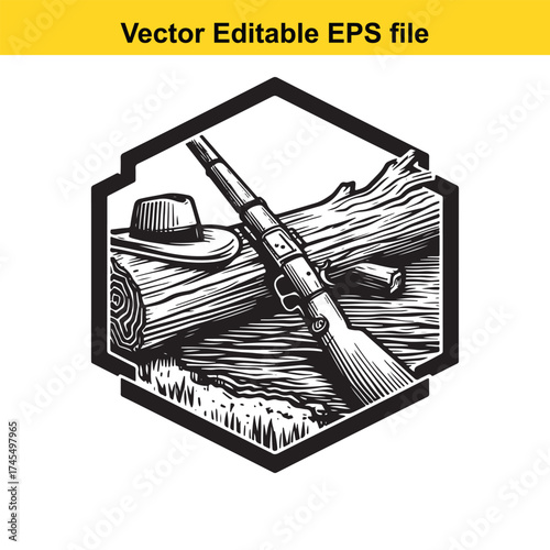 Vector art of a rifle and cowboy hat rest on logs in a hexagonal frame
