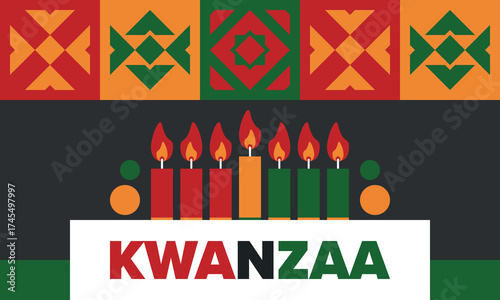 Kwanzaa Happy Celebration. African and African-American culture holiday. Seven days festival, celebrate annual from December 26 to January 1. Black history. Poster, card, banner and background. Vector