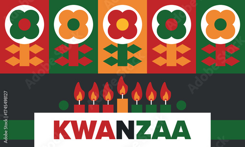 Kwanzaa Happy Celebration. African and African-American culture holiday. Seven days festival, celebrate annual from December 26 to January 1. Black history. Poster, card, banner and background. Vector