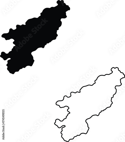 An elongated black silhouette of a geographical area is presented with its accompanying clear outline on white