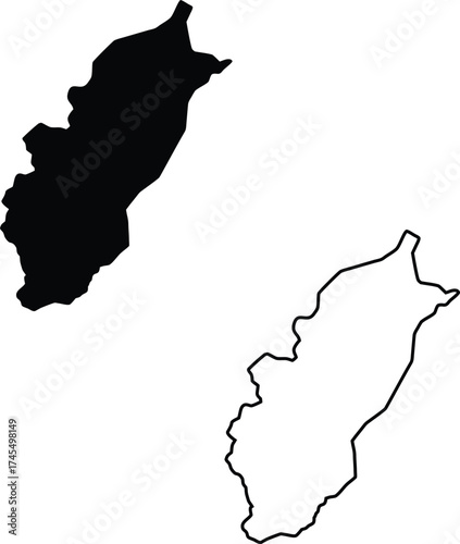 This visual presents a bold black silhouette alongside a detailed outline of a long geographical territory