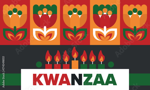 Kwanzaa Happy Celebration. African and African-American culture holiday. Seven days festival, celebrate annual from December 26 to January 1. Black history. Poster, card, banner and background. Vector